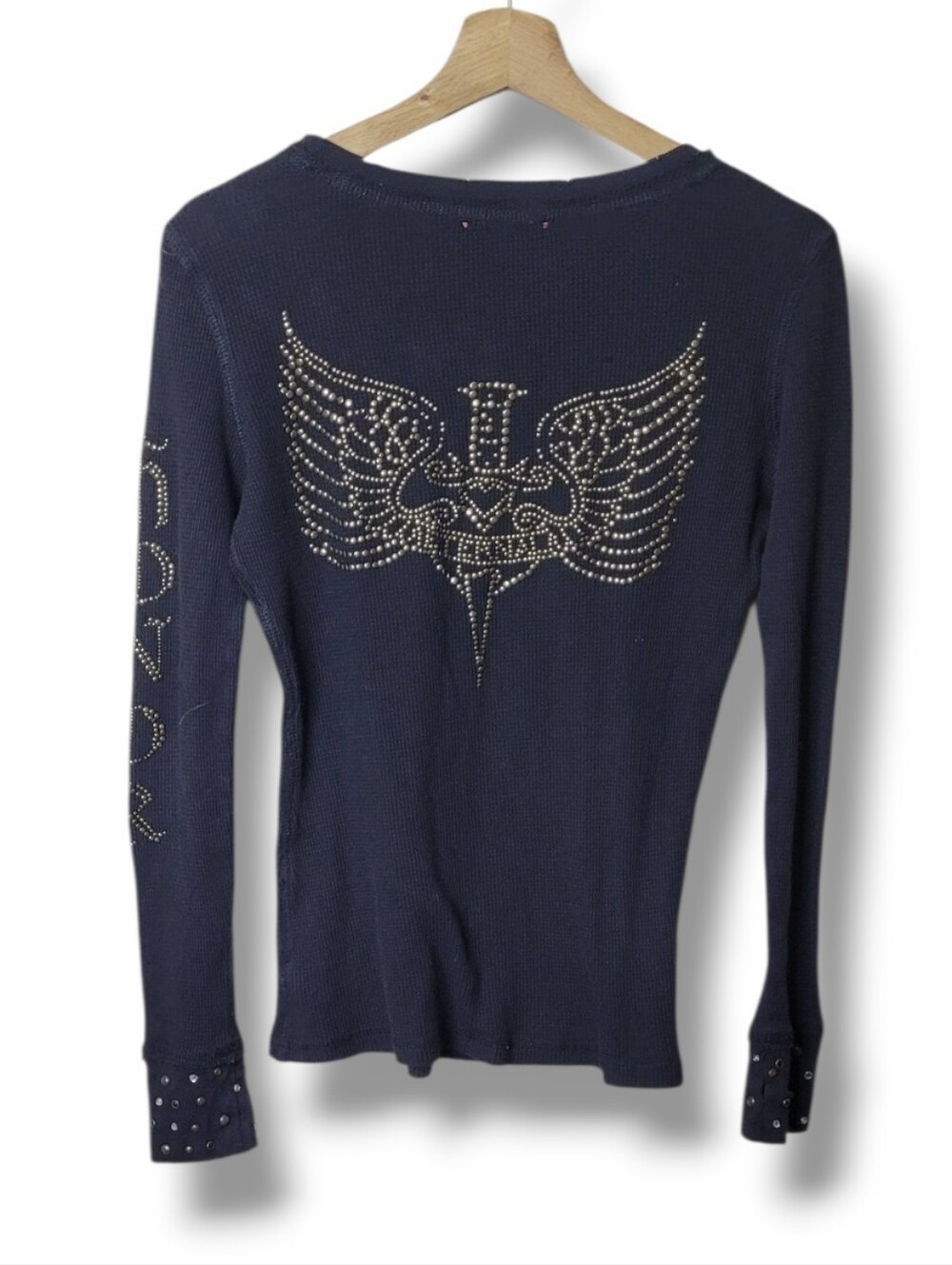 Miss Me Vintage Y2K Black Long Sleeve Waffle Knit Shirt • Size S Wings Beaded